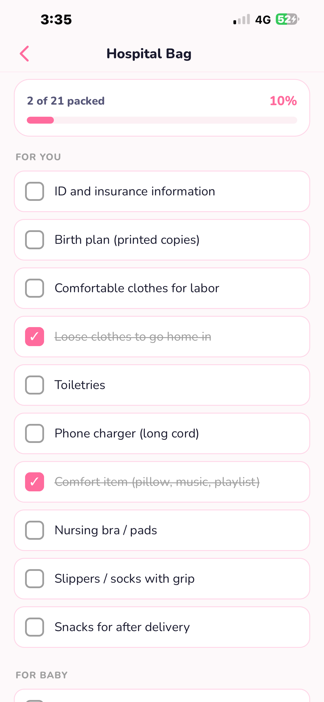 Hospital bag checklist