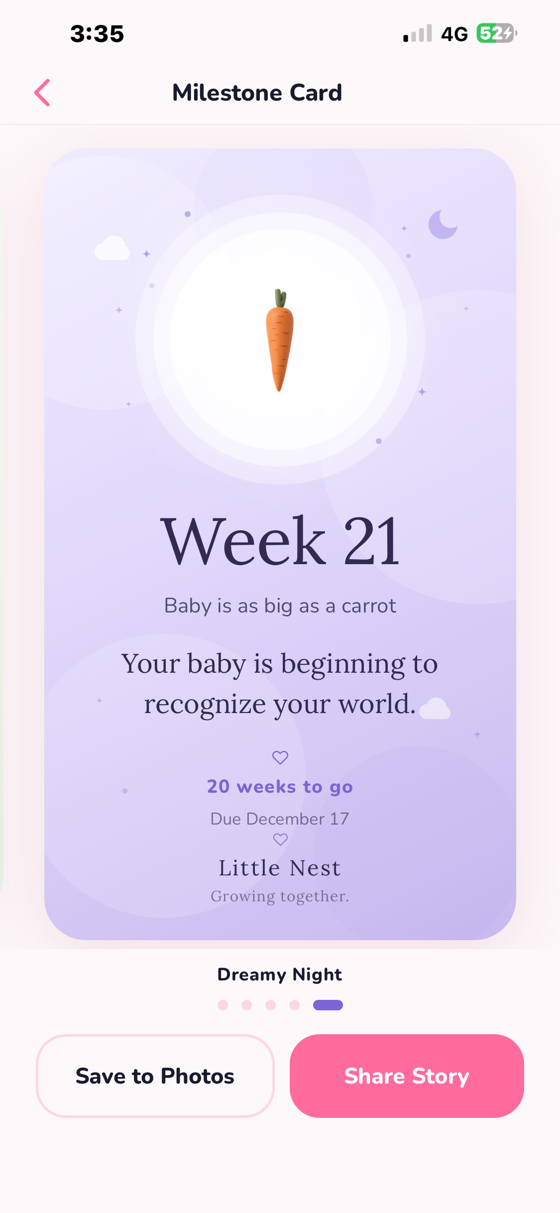 Milestone Card — Week 21, Dreamy Night style