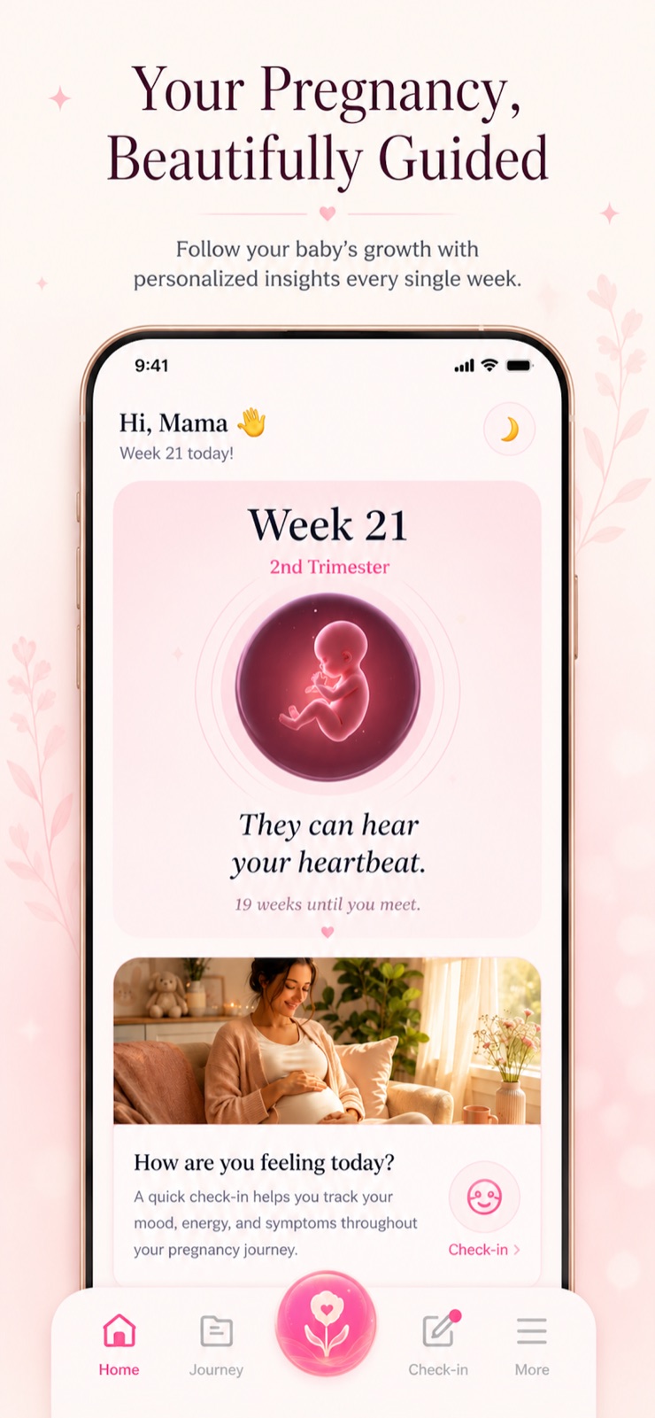 Your Pregnancy, Beautifully Guided — weekly home screen